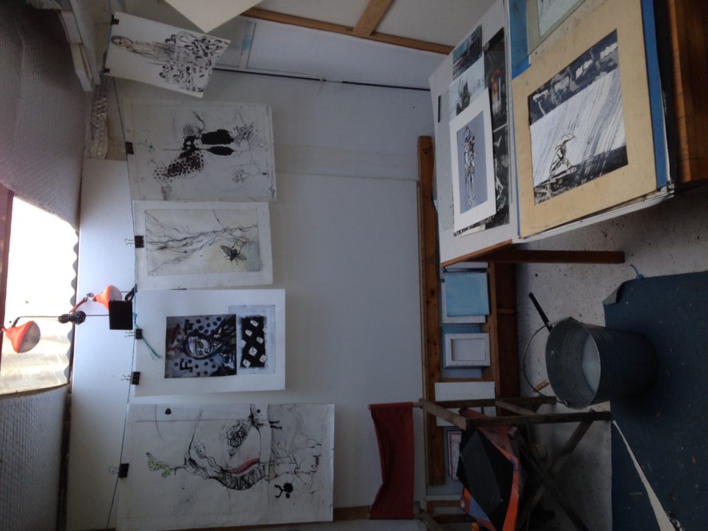 Studio interior. Drawings drying.