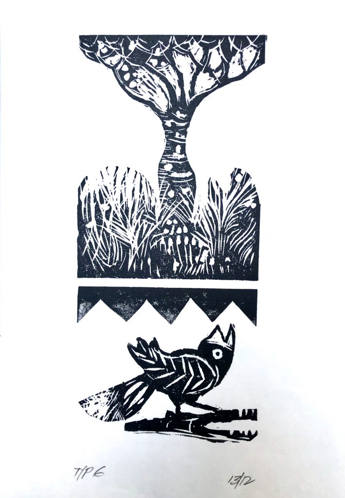 Lino Cut WIP Stylised image:Small Bird below at base of Boab tree divided by a 'saw like' band.
