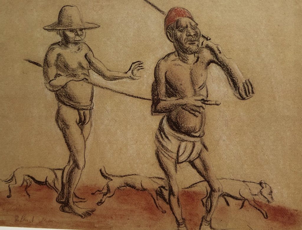 Drawing of a blind Aboriginal man led by another man followed by three dogs.