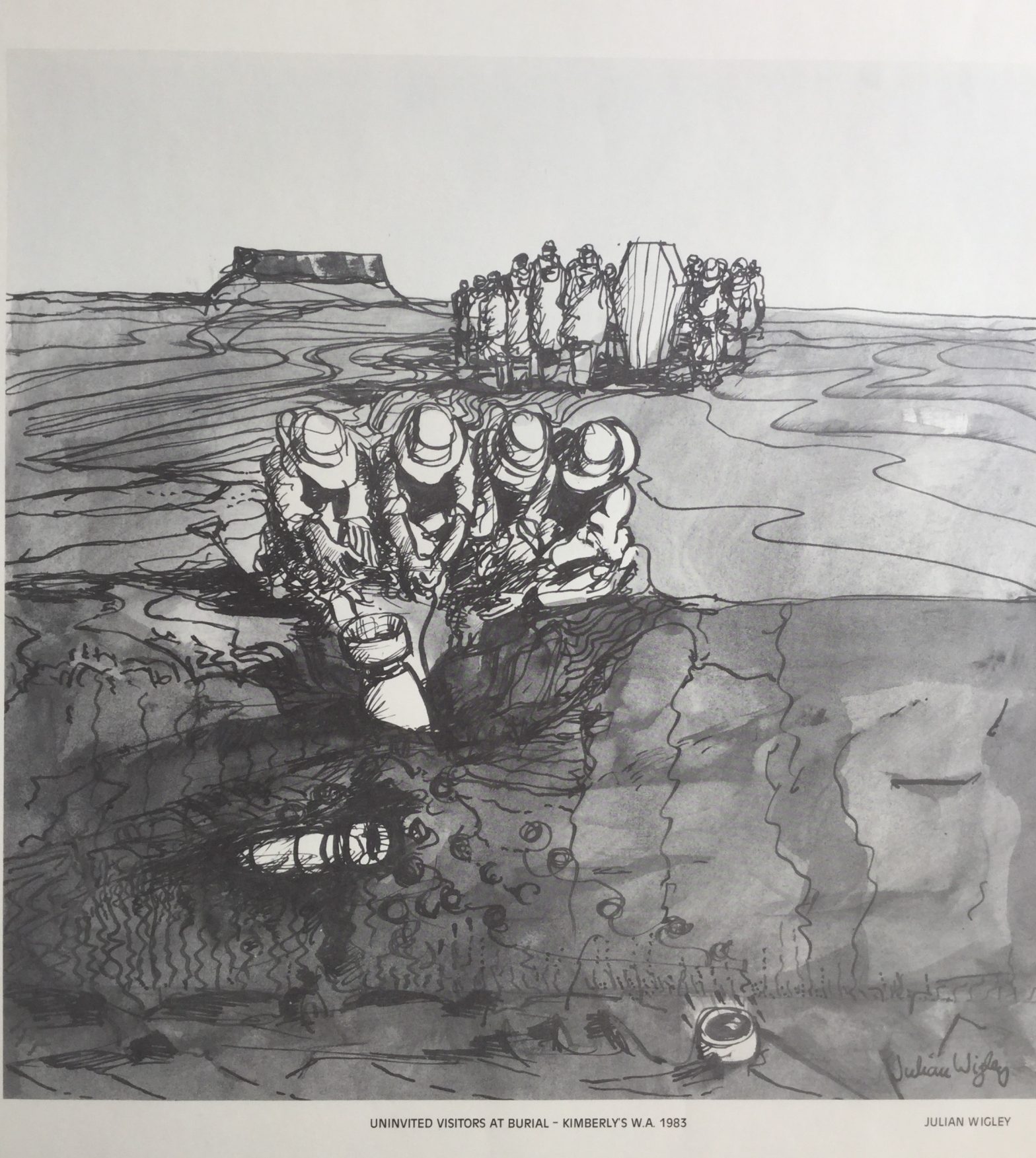 Ink drawing of Aboriginal group preparing for a burial discovering ordinance from WW2.